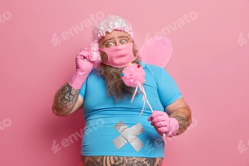 Preview: Funny plump father stays at home during quarantine, foolishes around, entertains children, dressed i