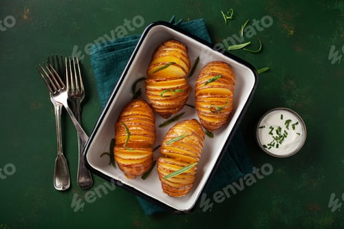 Preview: baked hasselback potato with cheddar cheese and rosemary