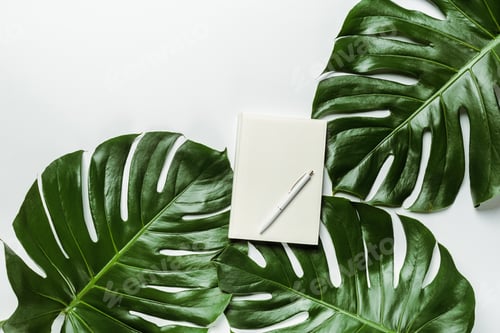 Preview: top view of notebook with pen on green palm leaves on white background
