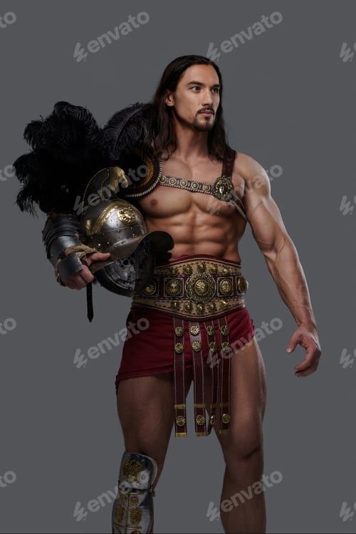 Preview: Gladiator with a stylish beard wears lightweight intricate armor
