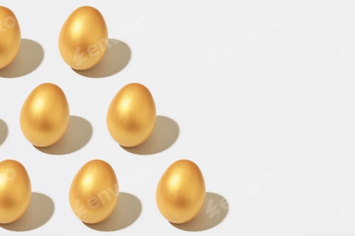 Preview: Golden Easter eggs on white background with copy space, minimal isometry pattern.