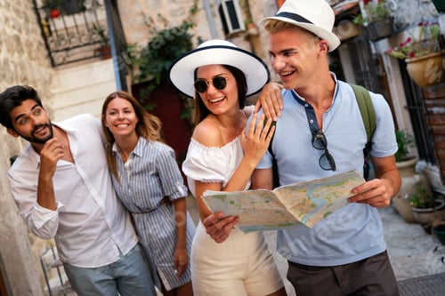 Preview: Happy group of friends enjoying travel and vacation