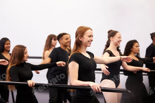 Preview: Male And Female Students At Performing Arts School Rehearsing Ballet In Dance Studio Using Barre