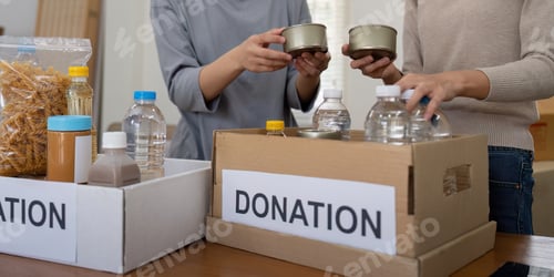 Preview: Group of volunteer woman working in home. Happy volunteer looking at food donation box separating