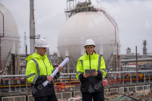 Preview: Worker wearing safety helmets and high-visibility jackets, engaged in conversation at an oil refiner