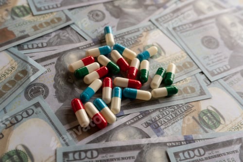 Preview: Selective focus image of colorful pills on top of money.