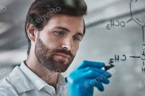 Preview: Serious, science and chemistry with man writing in laboratory for medicine, pharmacy and healthcare