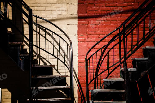 Graphic Staircases Contrasting Brick Walls in Urban Setting