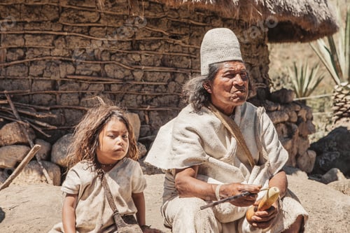 Preview: The grandfather and grandson of an indigenous family pose in front in their traditional costume