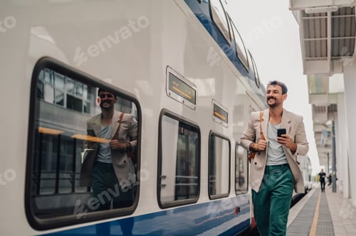 Vista previa: Man smiling walking on train platform holding phone