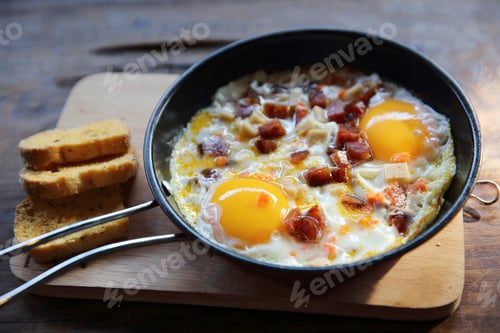 Preview: Brealfast Fried Egg Stuff With Hot Pan With Bread