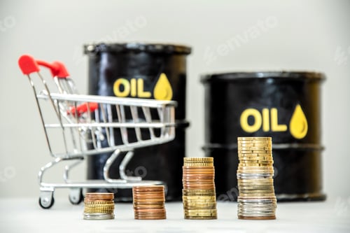 Preview: Stacks of rising coins against a backdrop of oil barrels and a shopping cart.
