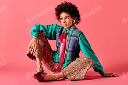 Preview: Young beautiful woman showcasing unique fashion against vibrant pink background in a studio setting