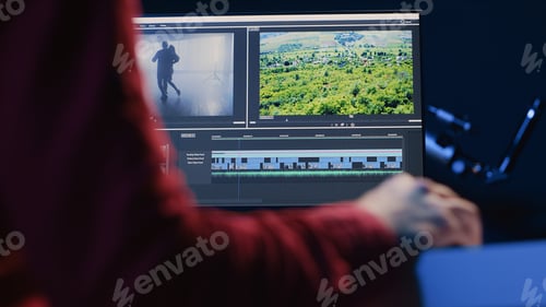 Preview: Video editor analyzing film montage before editing color grading and lighting in creative office