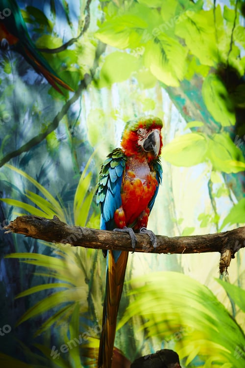 Preview: Vertical shot of a beautiful true parrot perched on a piece of wood surrounded by greenery