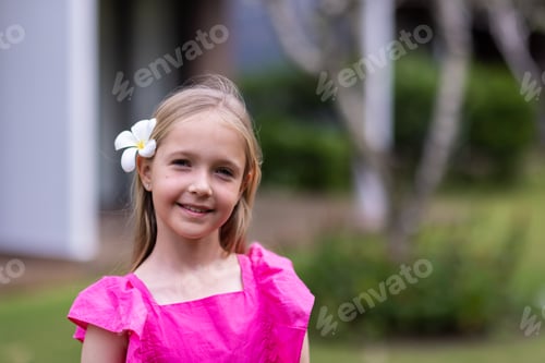 Preview: Candid lifestyle portrait of cute little Caucasian girl nine years old with blonde hair in stylish