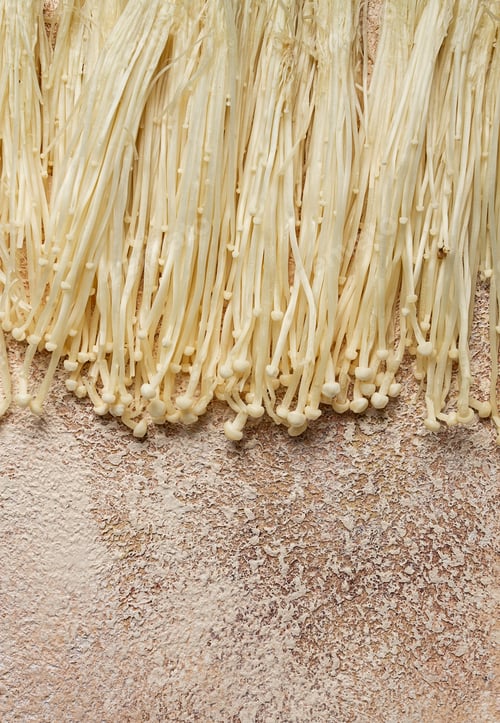 Preview: enoki mushrooms, raw, top view, close-up,