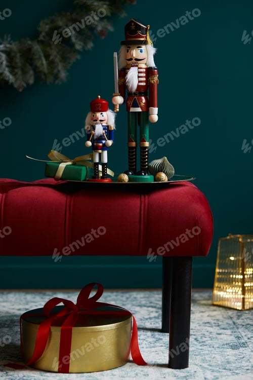 Preview: Christmas composition on the red velvet bench with decoration and accessories