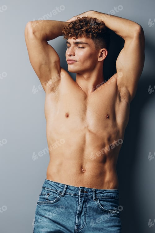 Preview: man muscular muscle smile jeans sport shirtless fit attractive background male body