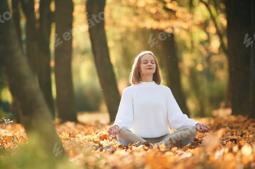 Preview: Front view. Young beautiful woman is doing yoga in the autumn park