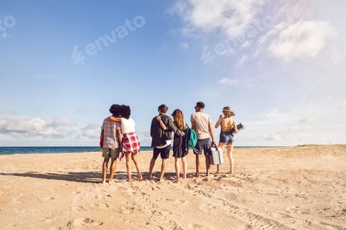 Preview: Back view of young men and woman on sea shore