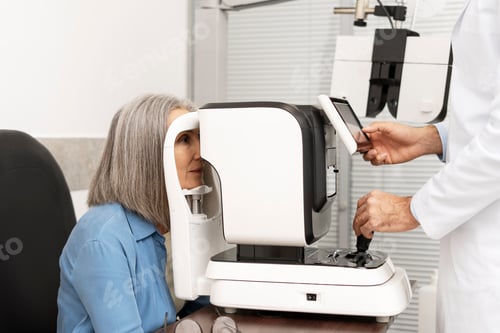 Preview: Senior woman undergoing eye examination with modern equipment and optometrist assistance