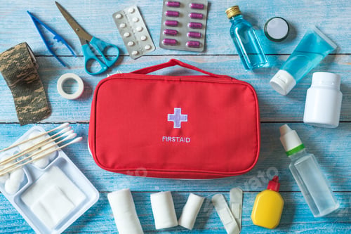 Preview: First aid kit with medical equipment and emergency objects at home or travel set