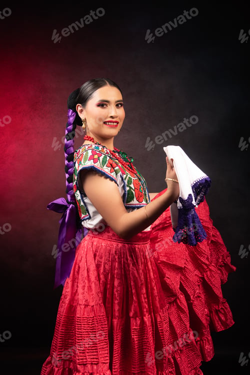 Preview: A woman in a red skirt and a white shirt is smiling and holding a white cloth