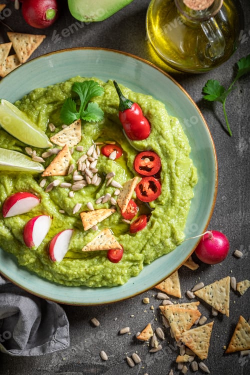 Preview: Traditional guacamole served with crackers, coriander and sunflower seeds
