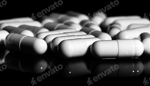 Preview: Grayscale shot of pill capsules arranged on a reflective surface