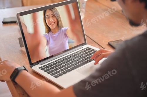 Preview: Young men using laptop are chatting online with female friends.