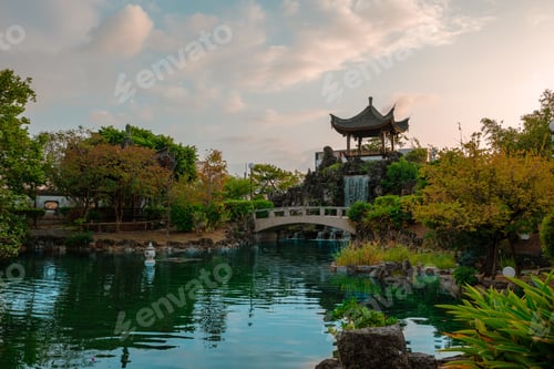 Preview: Stunning Japanese pagoda situated in the Fukushuen Garden in Naha, Okinawa, Japan