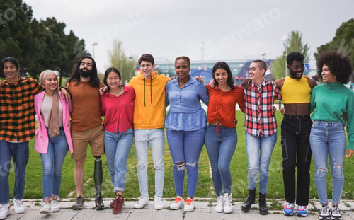 Preview: Group of young diverse people having fun together outdoor