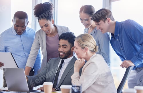 Preview: Business people, laptop and meeting for teamwork, collaboration and project marketing or website de