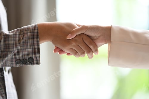 Preview: Successful business people after meeting in office. Business etiquette, teamwork and trust