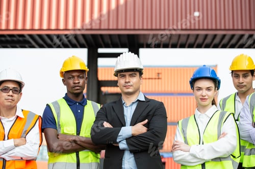 Preview: Group of team logistic worker and manager standing in arms crossed at container warehouse