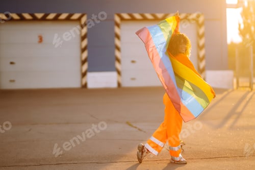 Preview: African American lesbian woman holding LGBT rainbow flag. concept freedom, love for same-sex couples