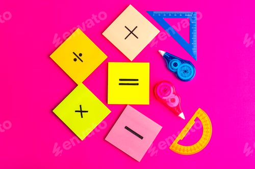 Preview: front view different signs on colorful stickers with figures on purple background math color science