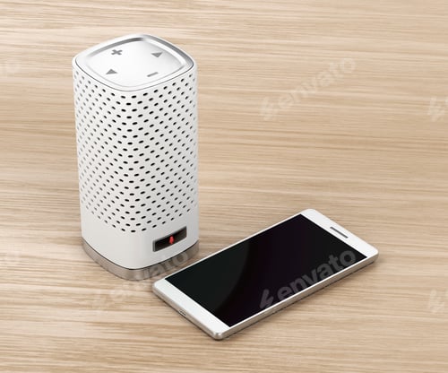 Preview: Speaker and smartphone on wood background