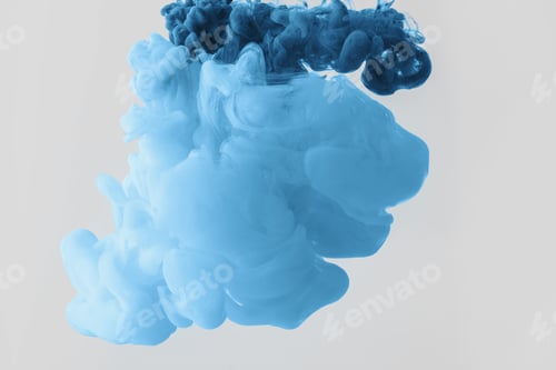 Preview: close up view of mixing of bright pale blue and blue paints splashes in water isolated on gray