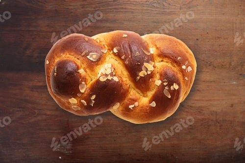 Preview: Sweet bread, easter greek tsoureki braid on wood background