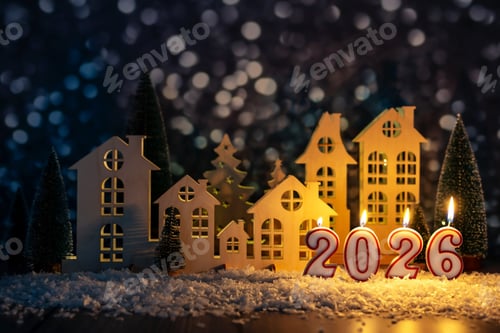 Preview: a miniature Christmas village and burning candles in the form of the numbers 2026