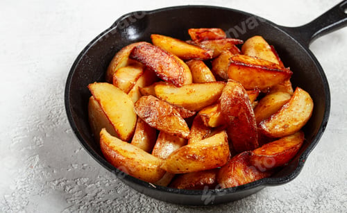 Preview: fried potato slices, in a cast-iron pan, homemade, no people,