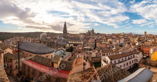 Preview: Sunset from the rooftops in the medieval city of Toledo in Castilla La Mancha, Spain