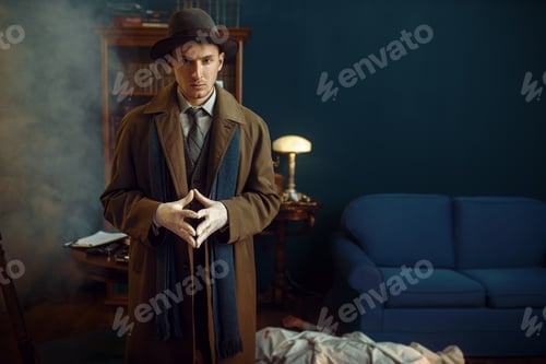 Preview: Male detective in gloves, victim under the cape