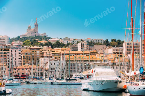 Preview: Marseille, France. Yachts Are Moored At City Pier, Jetty, Port. Catholic Basilica of Our Lady of the