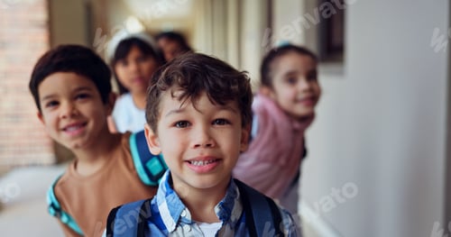 Preview: Hallway, portrait and boy with students, classroom and education with happiness, smile and learning