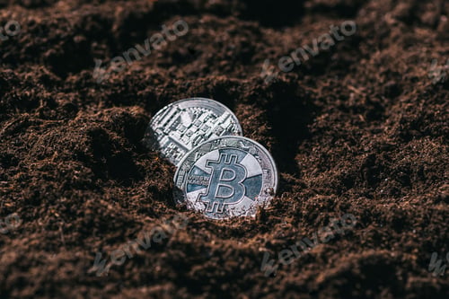 Preview: close up view of silver bitcoins in ground