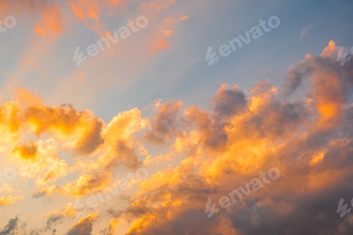 Preview: View of of sky. Orange blue and violet color sunset sky background