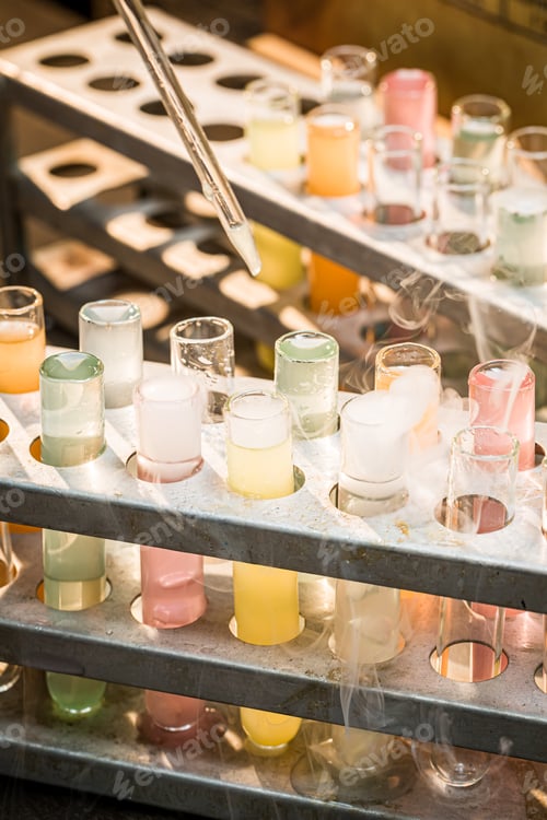 Preview: Tubes with samples in school laboratory. Practical chemistry classes.